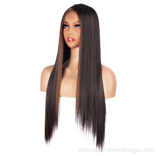 Wholesale Women Ombre Color Short 34 Inch Hair Bone Perruque Bob Straight Wig Hair High Quality Synthetic Hair None Lace Wigs